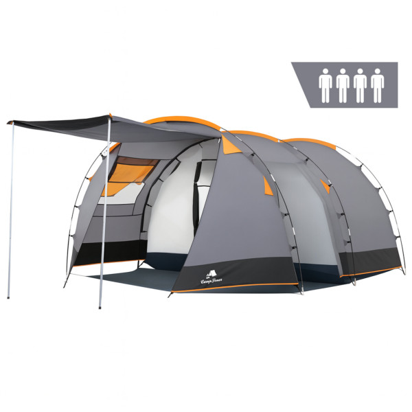 CampFeuer Zelt Super+ für 4 Personen, Grau / Schwarz, XXL Tunnelzelt mit 2 Eingängen und Vordach