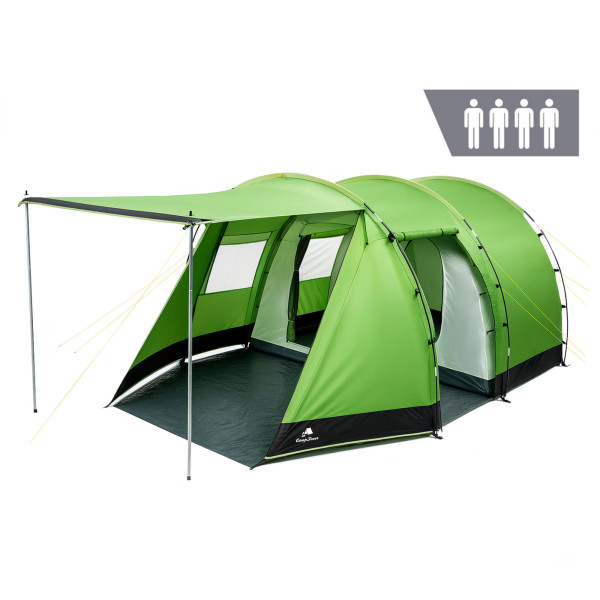 CampFeuer Zelt Super+ für 4 Personen, Grün / Schwarz, XXL Tunnelzelt mit 2 Eingängen und Vordach