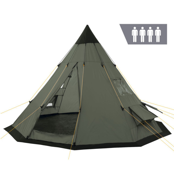 CampFeuer Tipi Zelt Spirit für 4 Personen, 3000 mm Wassersäule, Olivgrün, Indianerzelt für Camping