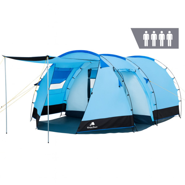 CampFeuer Zelt Super+ für 4 Personen, Blau / Schwarz, XXL Tunnelzelt mit 2 Eingängen und Vordach