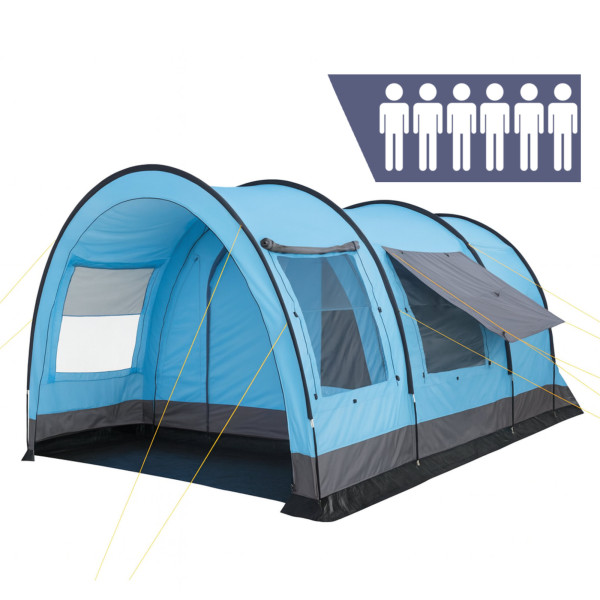 CampFeuer Zelt Relax6 für 6 Personen, 5000 mm Wassersäule, Hellblau/Grau, XXL Tunnelzelt mit Vorraum