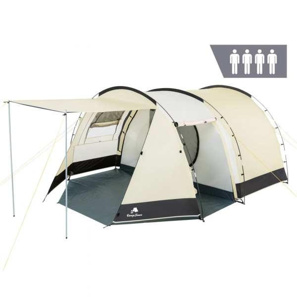 CampFeuer Zelt Super+ für 4 Personen, Sand / Schwarz, XXL Tunnelzelt mit 2 Eingängen und Vordach