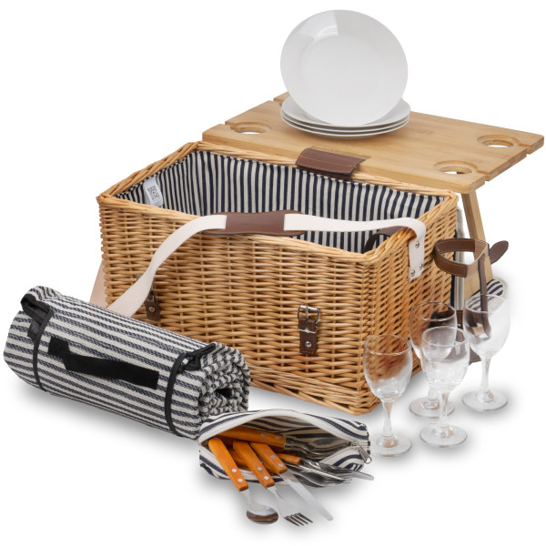 CampFeuer Picknickkorb 4 Personen mit Serviertisch und Geschirr-Set, 25-teilig, Weidenkorb mit Kunst